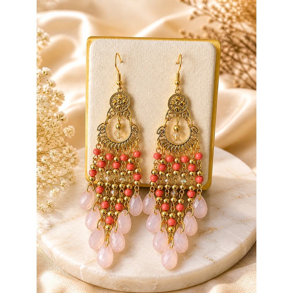 Gold Tone Chandelier Earrings Coral Beads Crystal Dangle Hook 4.56in Boho